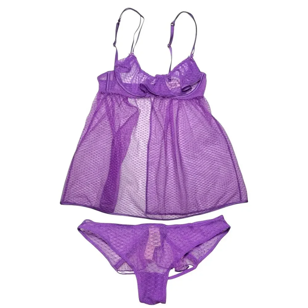Victoria's Secret Peekaboo Mesh Open-Cup Babydoll Set Purple Tease Size XS